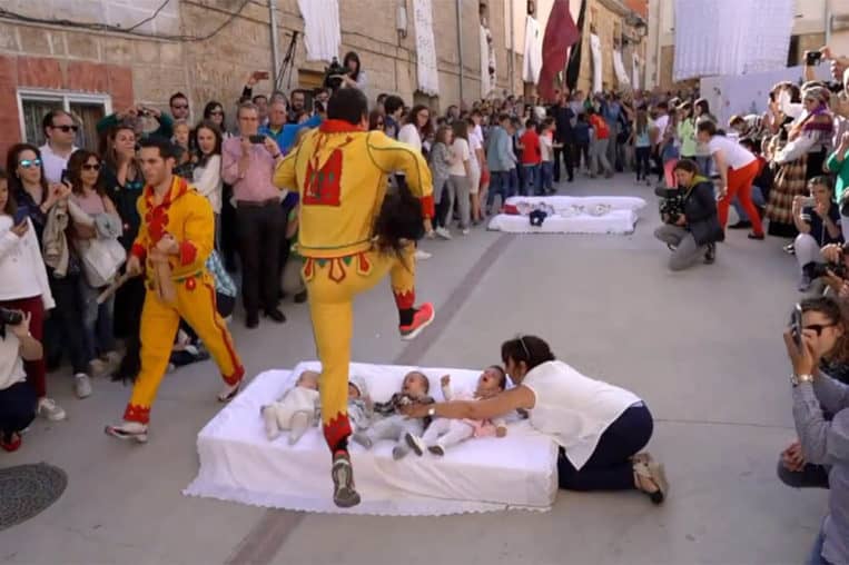 Traditional baby jumping festival in Spain