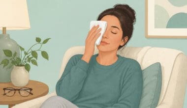 Illustration of a person gently holding a clean cloth over a closed eye.